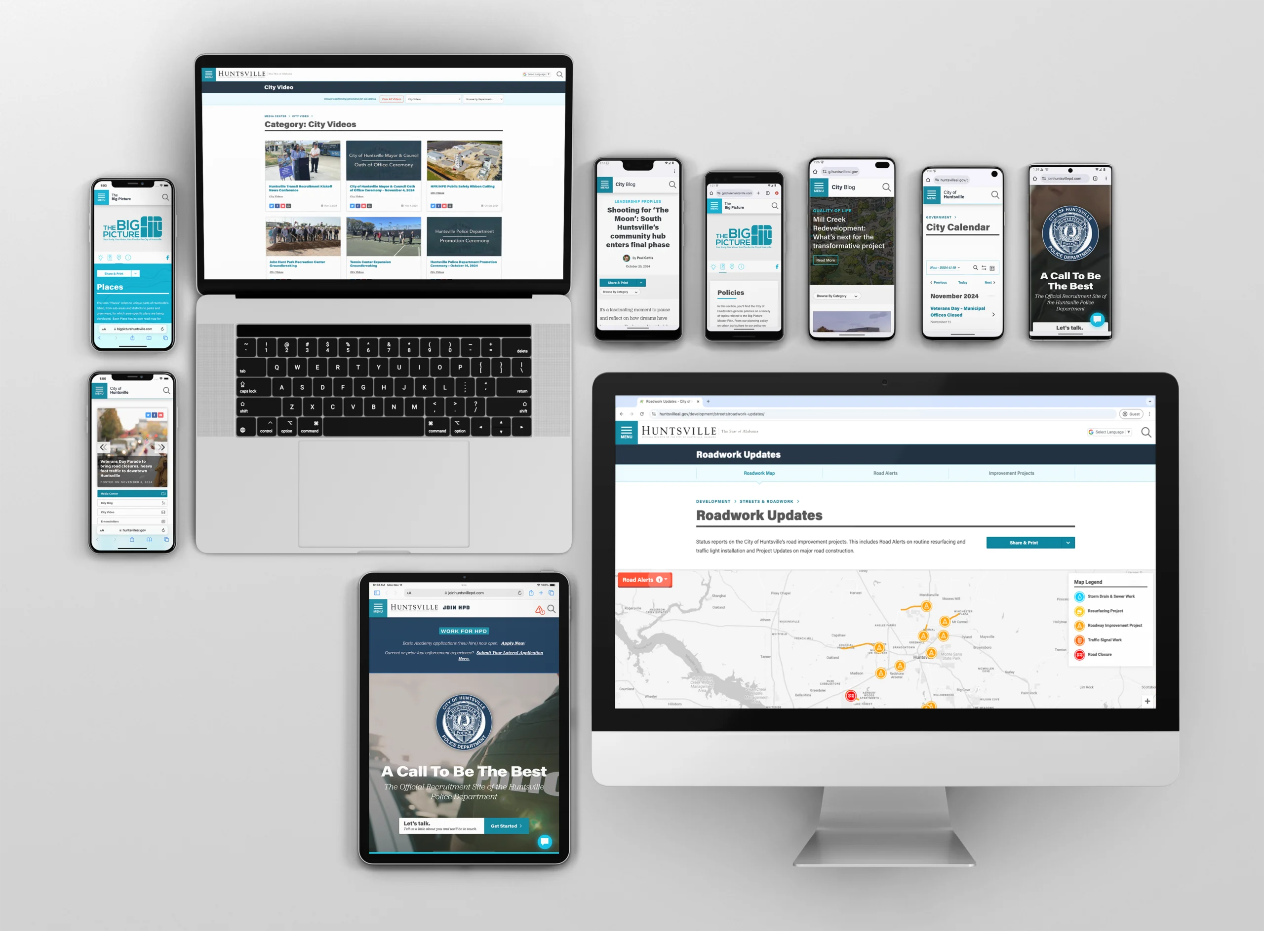 An assortment of City of Huntsville websites on mobile and desktop devices